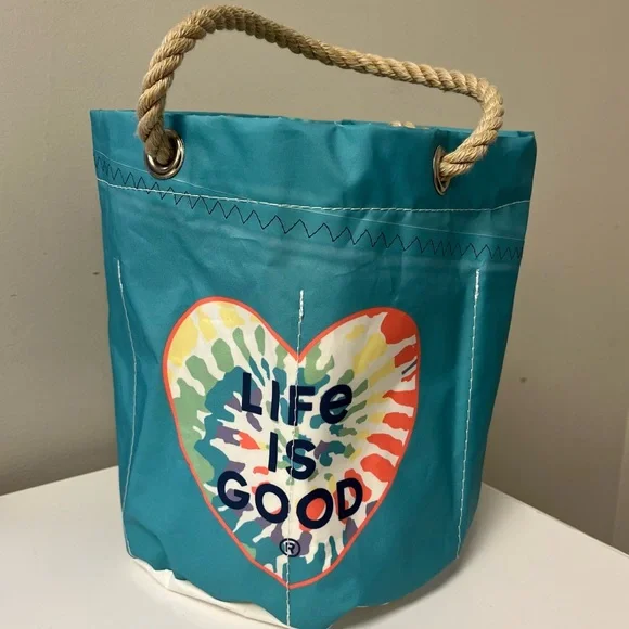 SEA BAGS TIE-DYE LIFE IS GOOD BEACHCOMBER BUCKET BAG TOTE Teal Blue Rainbow - Picture 3 of 12
